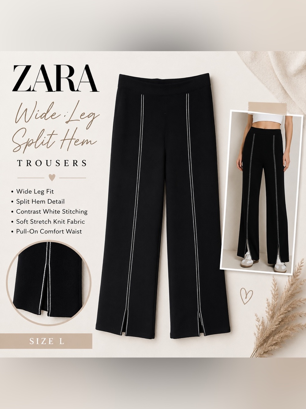 Zara Black Wide-Leg Split Hem Trousers Large